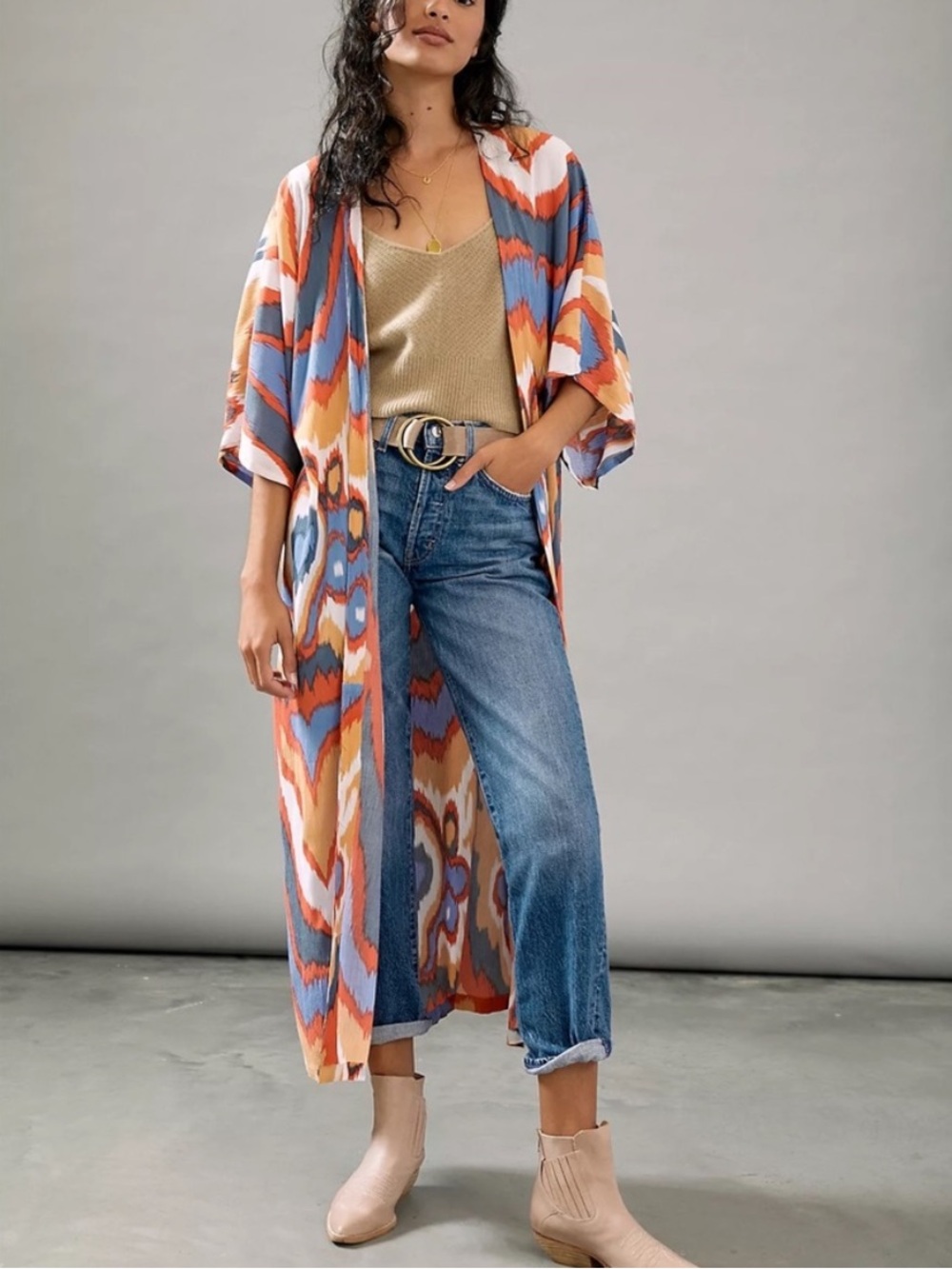 Anthropologie Bel Kazan Kyra Kimono One Size Open Front Coral Orange Blue White